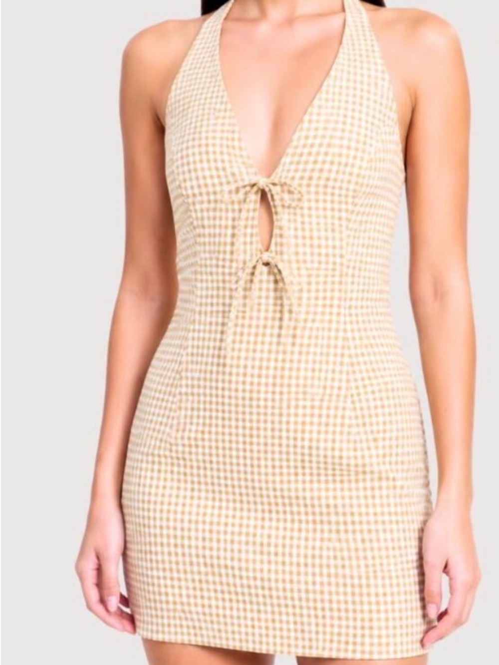 Tie-Front Gingham Halter Mini Dress in Beige- Revolve